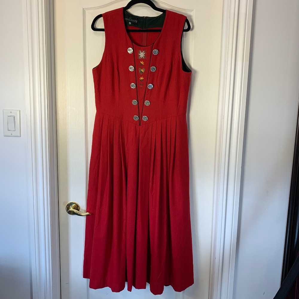Berwin & Wolff Vintage Folk-Style Wool Dress with Embroidery (EU 42) Red pleated